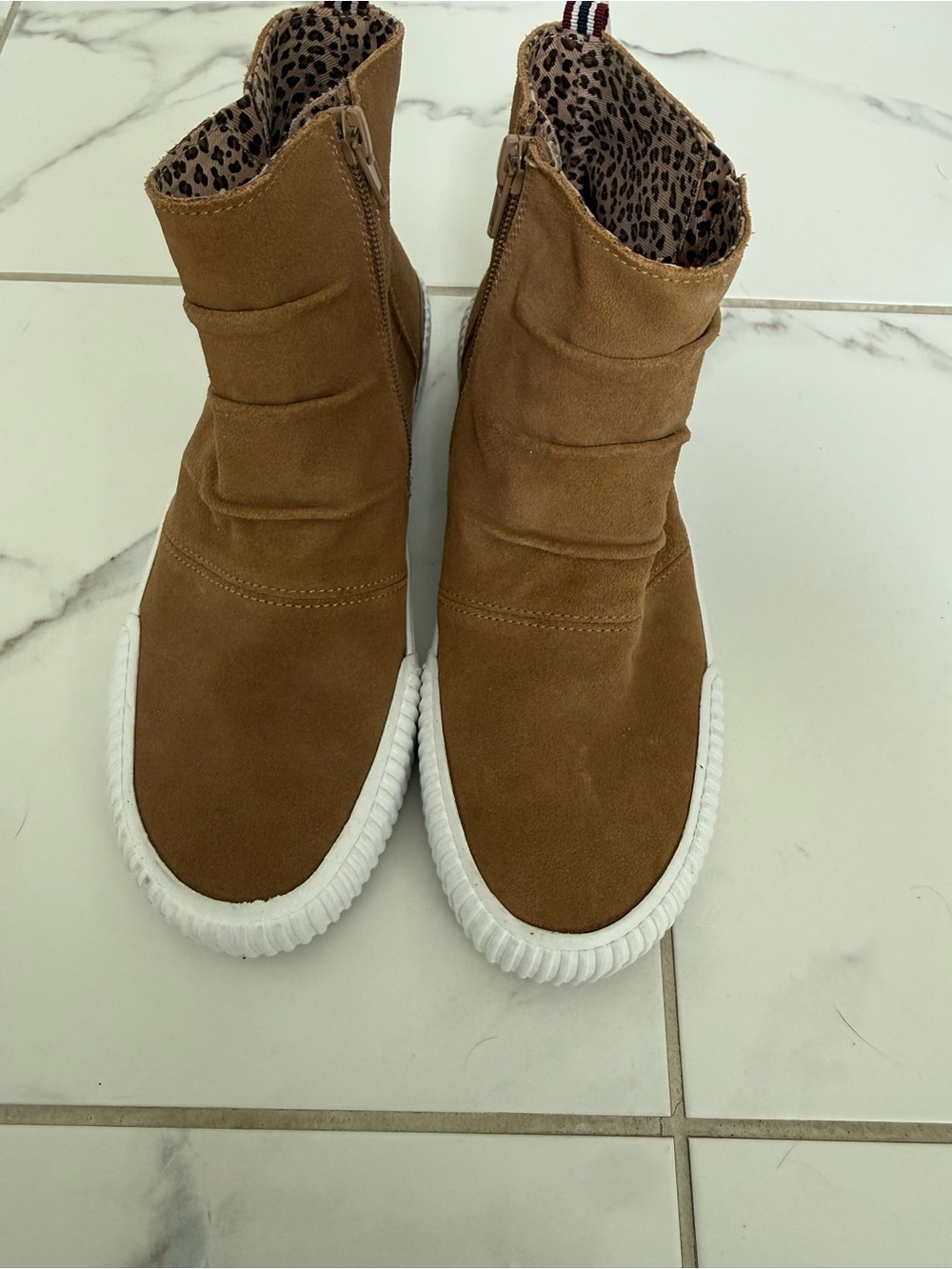 Girls Sperry Real Suede Tan Sneaker Boots with Leopard Lining